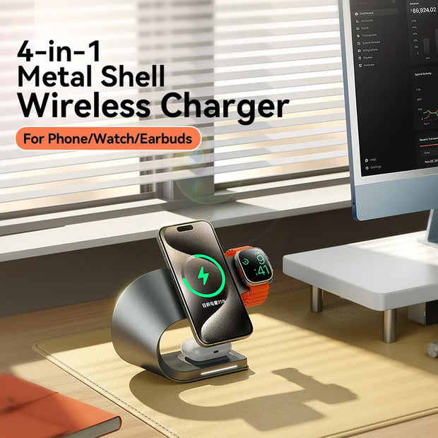 4 in 1 Wireless Charger Metal Shell  for iPhone 15 14 13 12 Magnetic Fast Charging Station Stand Dock for Apple Airpods Watch