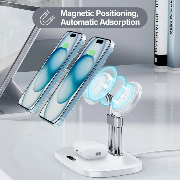 SwanScout 706M 3 In 1 Dual Magnetic Charging Station for iPhone 16 15 14 13 12 Series Wireless Charger for AirPods 4 3rd Pro 2nd