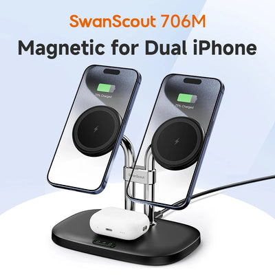 SwanScout 706M 3 In 1 Dual Magnetic Charging Station for iPhone 16 15 14 13 12 Series Wireless Charger for AirPods 4 3rd Pro 2nd