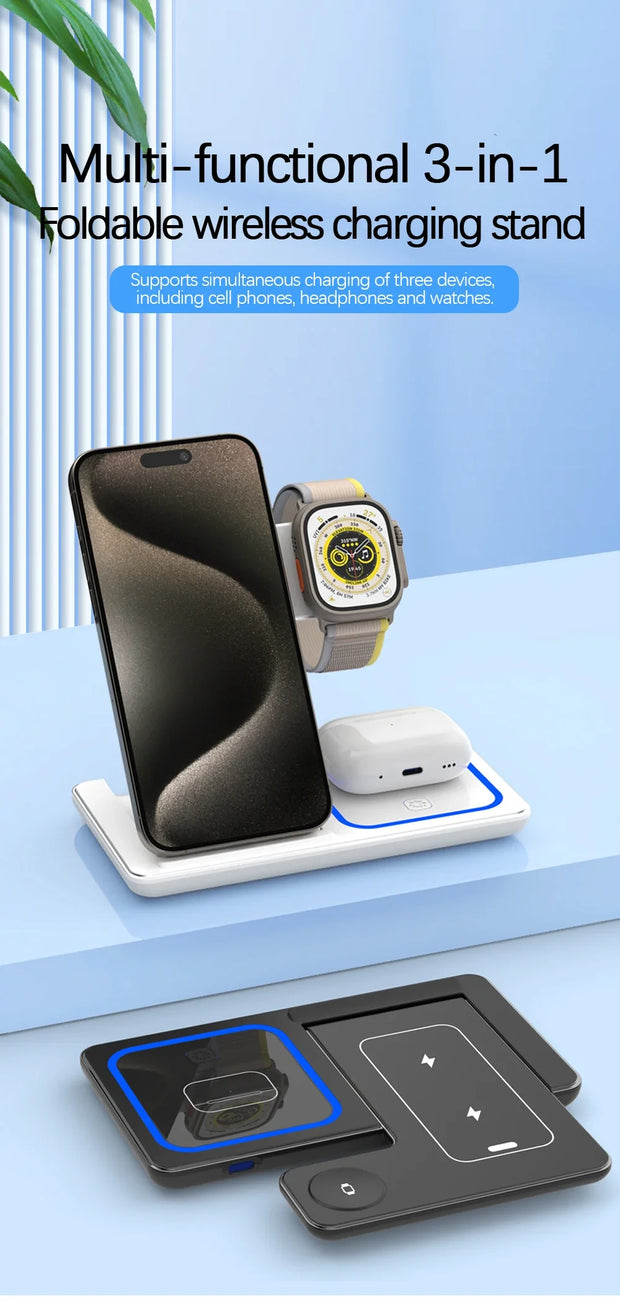 Foldable 3 In 1 Wireless Charger Pad Stand For iPhone 15 14 13 12 8 X XR Apple Watch 8 7 6 Airprods Fast Charging Dock Station