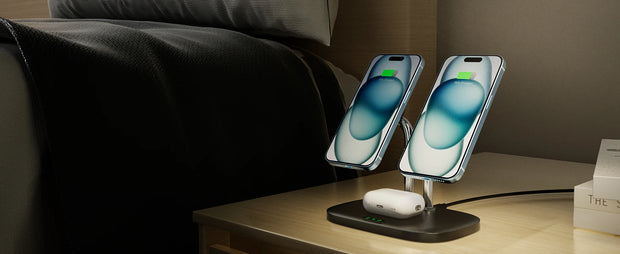 SwanScout 706M 3 In 1 Dual Magnetic Charging Station for iPhone 16 15 14 13 12 Series Wireless Charger for AirPods 4 3rd Pro 2nd