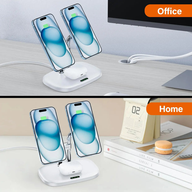 SwanScout 706M 3 In 1 Dual Magnetic Charging Station for iPhone 16 15 14 13 12 Series Wireless Charger for AirPods 4 3rd Pro 2nd