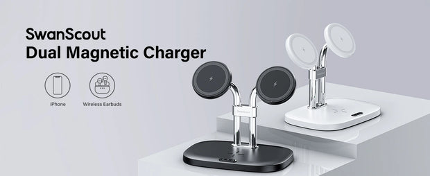SwanScout 706M 3 In 1 Dual Magnetic Charging Station for iPhone 16 15 14 13 12 Series Wireless Charger for AirPods 4 3rd Pro 2nd