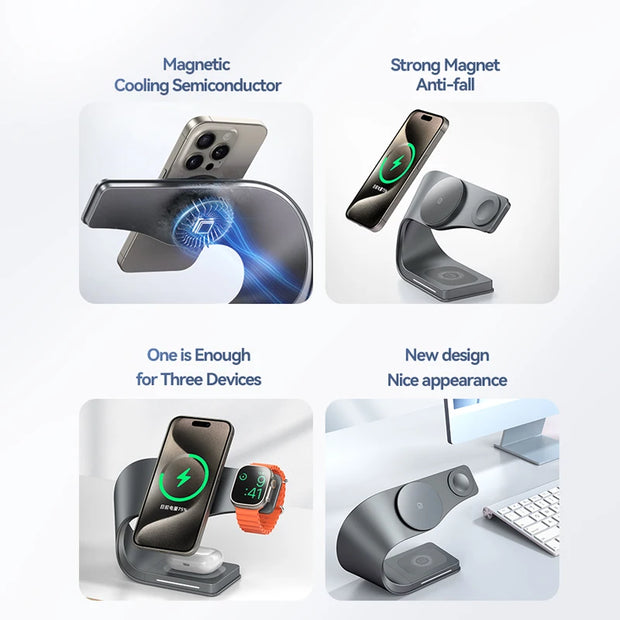 4 in 1 Wireless Charger Metal Shell  for iPhone 15 14 13 12 Magnetic Fast Charging Station Stand Dock for Apple Airpods Watch