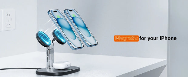 SwanScout 706M 3 In 1 Dual Magnetic Charging Station for iPhone 16 15 14 13 12 Series Wireless Charger for AirPods 4 3rd Pro 2nd