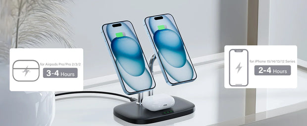 SwanScout 706M 3 In 1 Dual Magnetic Charging Station for iPhone 16 15 14 13 12 Series Wireless Charger for AirPods 4 3rd Pro 2nd