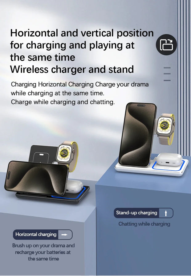 Foldable 3 In 1 Wireless Charger Pad Stand For iPhone 15 14 13 12 8 X XR Apple Watch 8 7 6 Airprods Fast Charging Dock Station