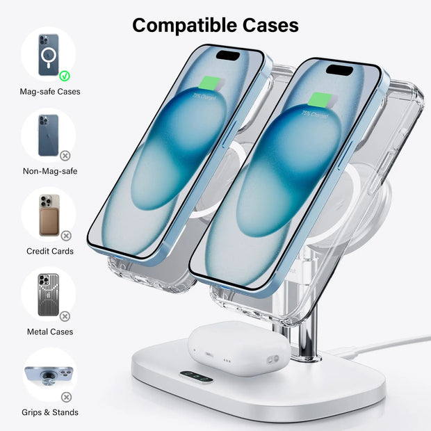 SwanScout 706M 3 In 1 Dual Magnetic Charging Station for iPhone 16 15 14 13 12 Series Wireless Charger for AirPods 4 3rd Pro 2nd