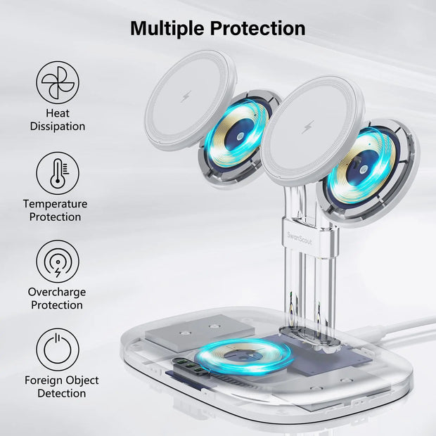 SwanScout 706M 3 In 1 Dual Magnetic Charging Station for iPhone 16 15 14 13 12 Series Wireless Charger for AirPods 4 3rd Pro 2nd